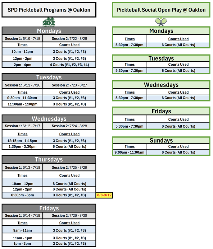 Oakton Park Pickleball Schedule Skokie Park District